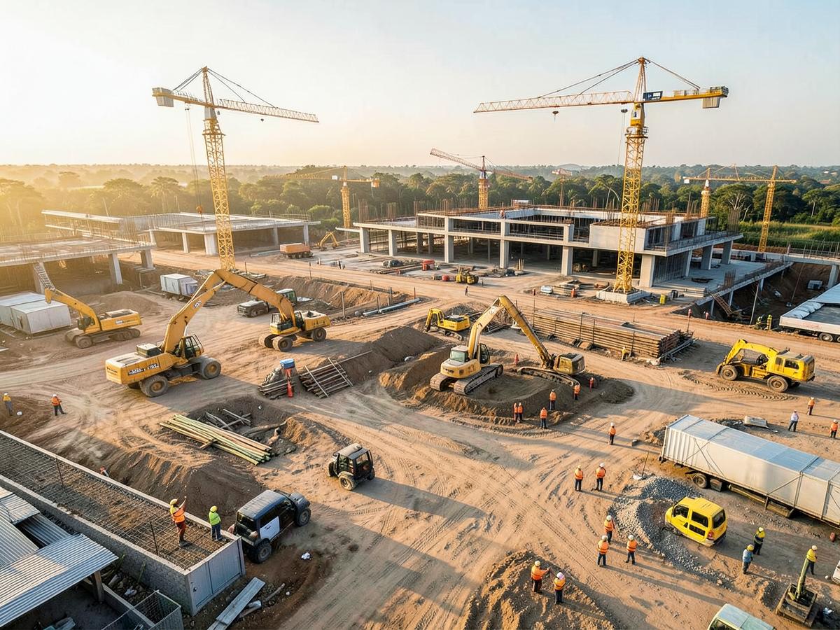 Chantier de construction avec grues et engins en Côte d'Ivoire
